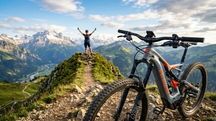 Fototapeta premium Cyclist celebrates mountain summit success with arms raised against alpine backdrop on e-bike adventure