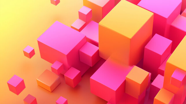Vibrant 3D abstract render: scattered pink, orange, and yellow geometric cubes of various sizes on a warm gradient background