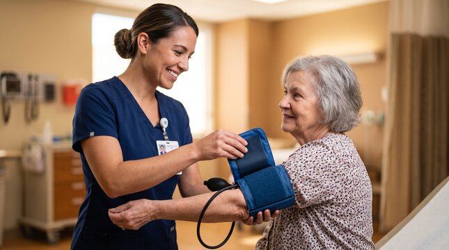Nurse checks blood pressure of senior patient during American Diabetes Month awareness campaign