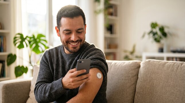 Man with diabetes monitoring device on arm smiles while checking phone app for glucose levels during American Diabetes Month