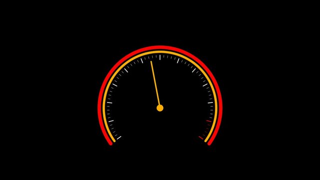 Minimal circular speedometer gauge icon with a red and yellow indicator needle on a black background 4K Motion Video