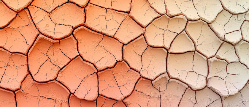 Vibrant cracked earth texture displaying a gradient from deep orange-red to light beige, forming a mosaic of polygonal shapes