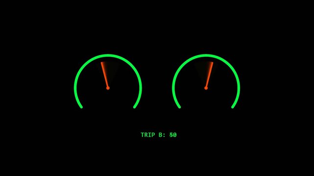 Digital car dashboard speedometer and tachometer gauges with glowing green neon lines and red needles on a dark black background showing trip distance information 4K Motion Video