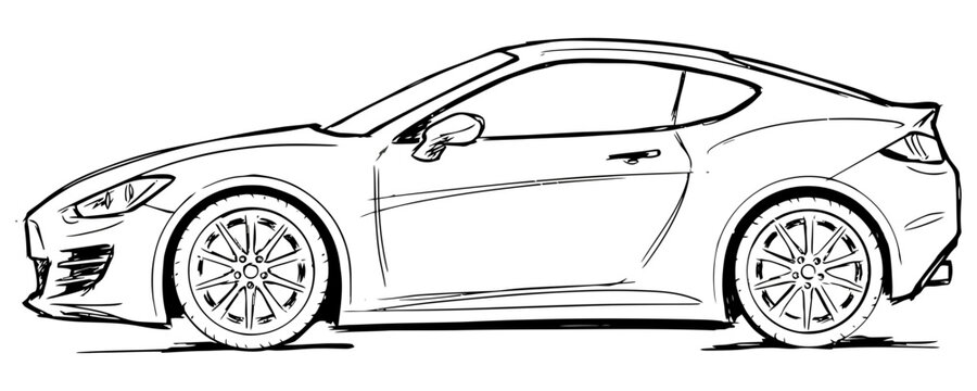Detailed black and white sketch of a modern sports car side view
