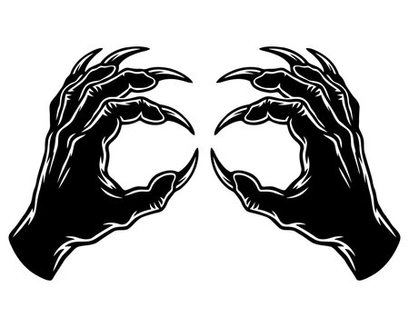 Two clawed hands making a grasping gesture in black and white