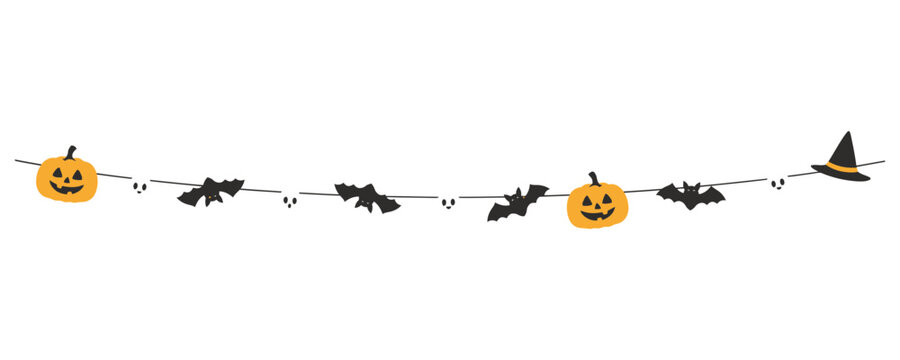 Halloween garland with pumpkins bats and witch hat isolated on white