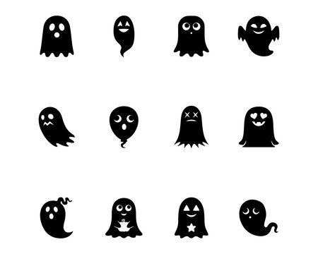 Collection of cute black silhouette ghost icons with various expressions