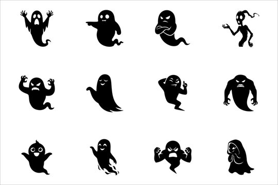 Collection of spooky black ghost silhouettes with various expressions