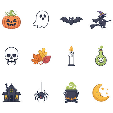 Colorful halloween icons set featuring ghosts witches and spooky elements