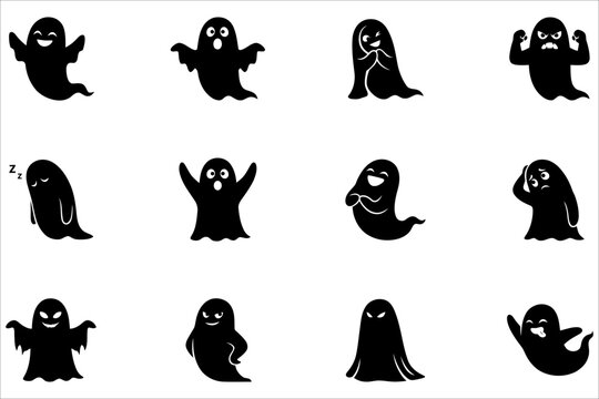 Collection of cute black ghost characters with various expressions