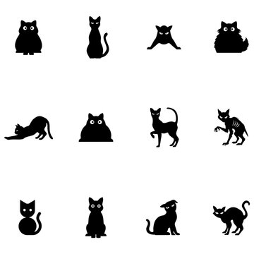 Collection of black cat silhouettes in various poses and styles