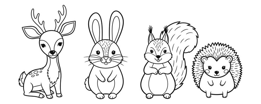 Cute forest animals deer rabbit squirrel hedgehog line art illustration