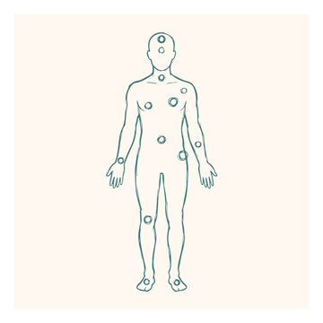 Minimalist graphic illustration of human body outline with glowing energy chakra points minimalist illustration standing wellness spirituality alignment circulation biofield holistic