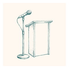 Obraz premium Wooden podium stand with microphone sketch illustration line art microphone presentation conference broadcast communication furniture illustration engraving monochrome education business