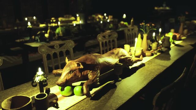 Carved pork laid out among candles and citrus, communal longtable set with pottery plates, rustic tools and dim lanterns, convivial dinner preparation scene.