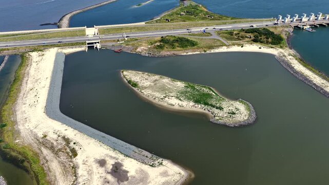 Aerial view of the Fish Migration River at the Afsluitdijk in the Netherlands