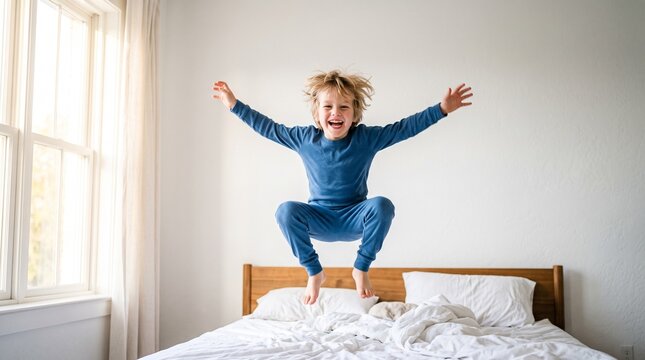 Joyful young boy in blue pajamas jumping high on a bed celebrating Children's Day