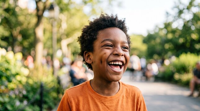 Joyful young boy with dimples laughing heartily in a sunny park on Childrens Day