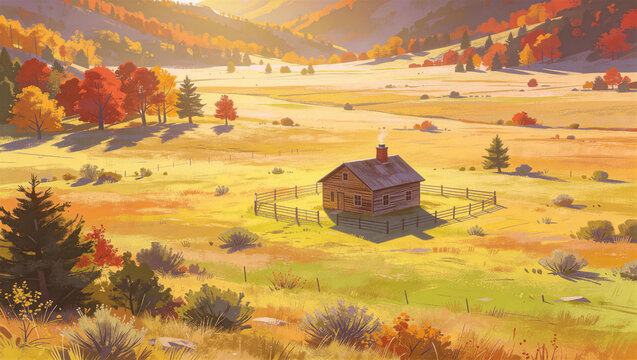Distant rural farmhouse in autumn countryside, golden fields and fall trees, countryside illustration