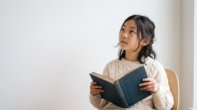 Young Asian girl in a cozy sweater reads an old book, looking up thoughtfully, celebrating Childrens Day with imagination and learning