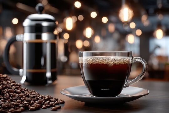 Steaming Coffee in Glass Cup with French Press and Beans