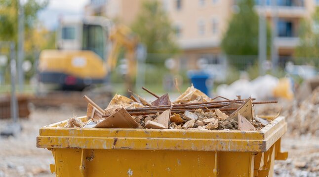 Construction waste management. Container holds wood debris, metal rebar and building materials for cleanup, disposal and recycling at a construction site.