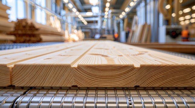 Woodworking industry. Timber boards move along a production conveyor at a modern lumber processing factory for construction material manufacturing.