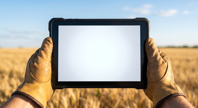 Agriculture worker holding blank digital tablet over golden wheat field nature.
