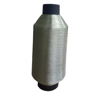 A spool of metallic silver thread on a black plastic core on transparent background 