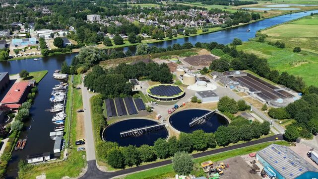 Aerial view of the wastewater treatment plant in Burgum, the Netherlands