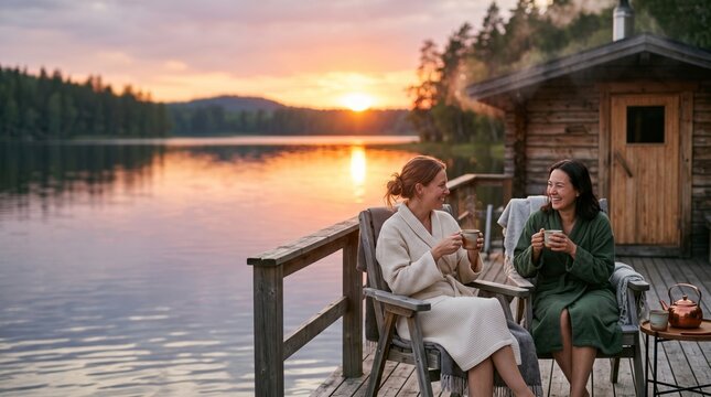 Two women in bathrobes enjoy hot drinks and conversation outside a lakeside sauna during a peaceful sunset