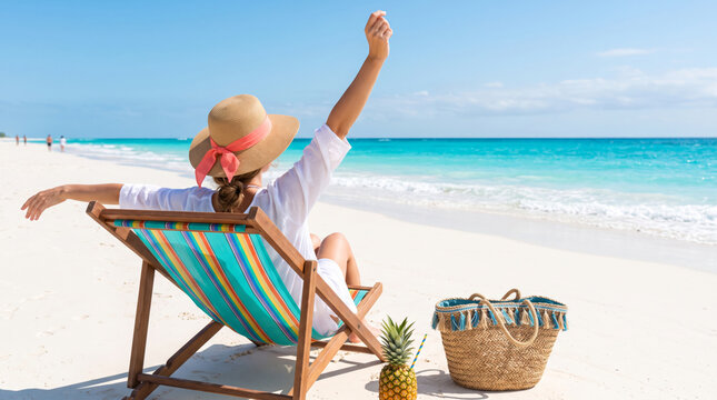 Woman relaxing on a beach chair enjoying a tropical vacation by the turquoise ocean