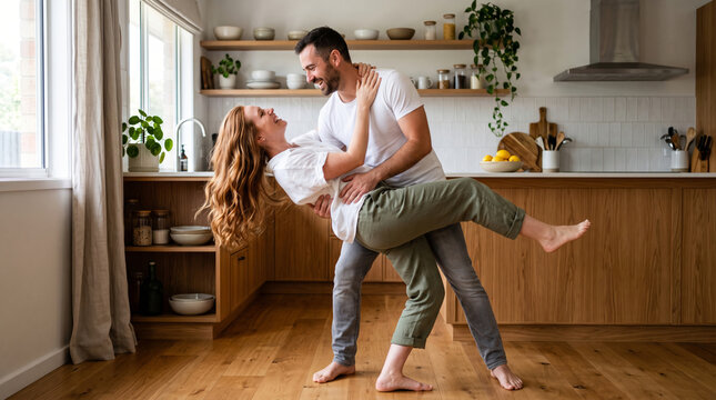 Happy couple dancing romantically in a modern kitchen