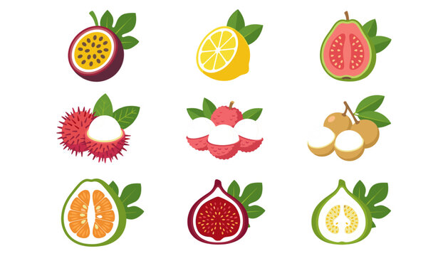 exotic tropical fruits icons set featuring passionfruit lemon guava rambutan lychee longan fig vector illustration isolated.