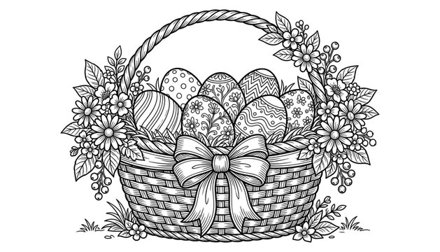 Easter woven wicker basket with patterned decorated eggs bow and spring flowers coloring page vector outline illustration (16 words).