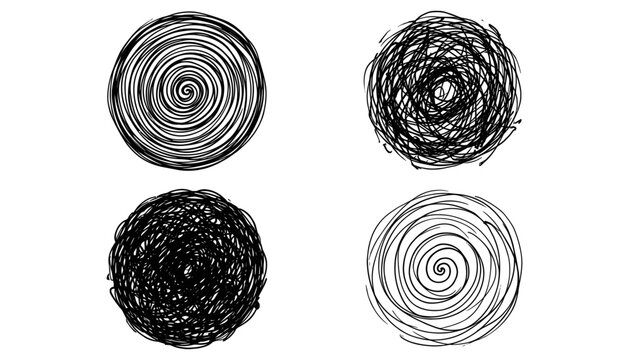 Hand drawn abstract scribble circle set with spiral lines mess tangled ball doodle vector isolated (16 words)