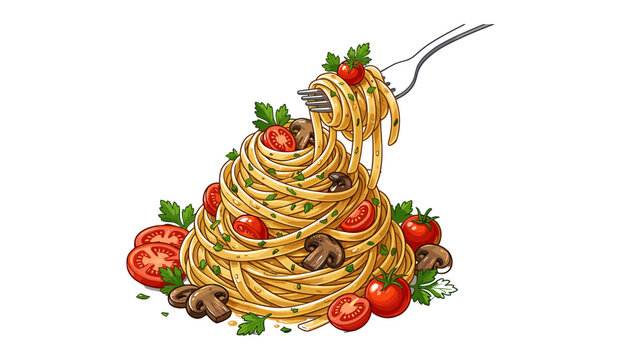 Delicious spaghetti pasta swirled on fork with cherry tomatoes mushrooms and parsley vector illustration (15 words).