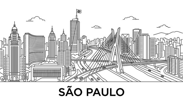  Sao Paulo Brazil skyline vector illustration with famous landmark buildings and cable stayed bridge line art (16 words)