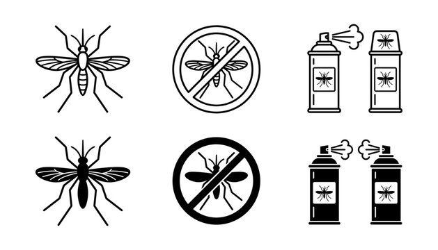 Mosquito pest control icon set featuring bug repellent spray cans and prohibition sign vector illustration
