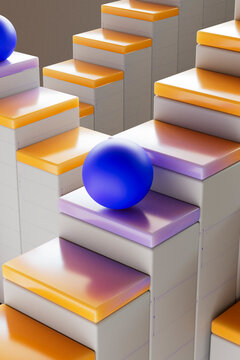 Close up of blue sphere on abstract stepped blocks