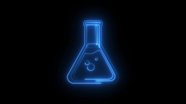 Glowing blue neon chemical flask icon on black background