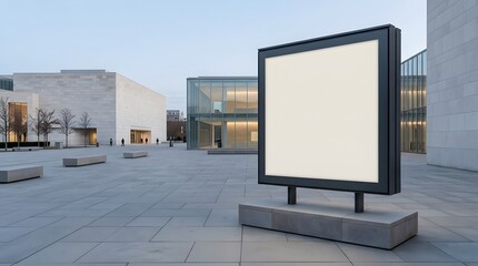 Fototapeta premium Billboard, mockup and poster in plaza for advertising, brand identity and street marketing. Outdoor, sign and display in city with urban architecture, empty space, media and commercial message.