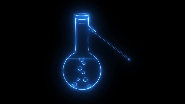Glowing blue neon chemical flask with bubbles