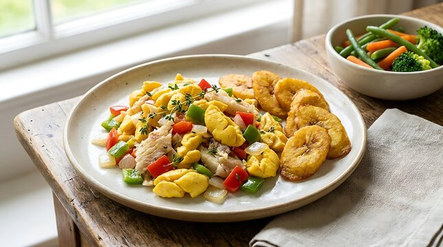 Delicious saltfish with fried plantain and fresh vegetables served on a plate by a bright window. Jamaican Cuisine