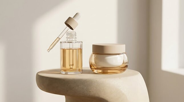 Glass serum bottle with dropper and face cream jar on a stone stand in a bright minimal room. premium skincare offers