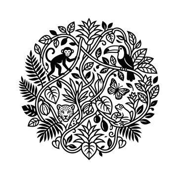 Circular jungle wildlife illustration with tropical animals and plants.