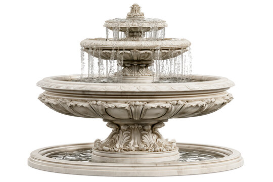 Elegant classical multi-tiered marble fountain with flowing water against white background