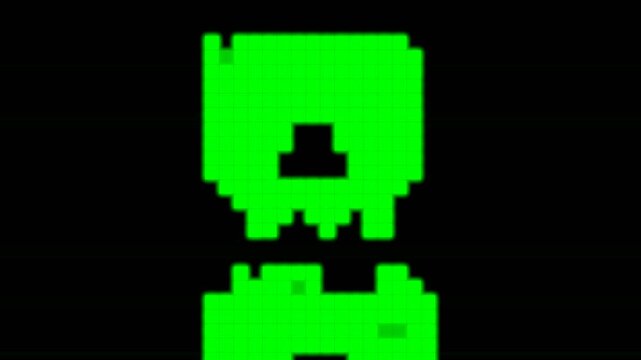Bright green pixel art skull shape with reflection on a dark black background 4K Motion Video