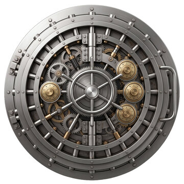 Large circular steel bank vault door, isolated on transparent background, heavy reinforced metal safe door with radial locking bolts and central hub, illustration for banking. Marketing use.