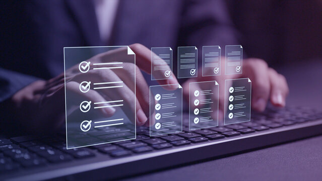 Online survey and digital form checklist concept. Person typing keyboard with survey, checkbox and feedback icons, digital data collection, customer evaluation and opinion research.